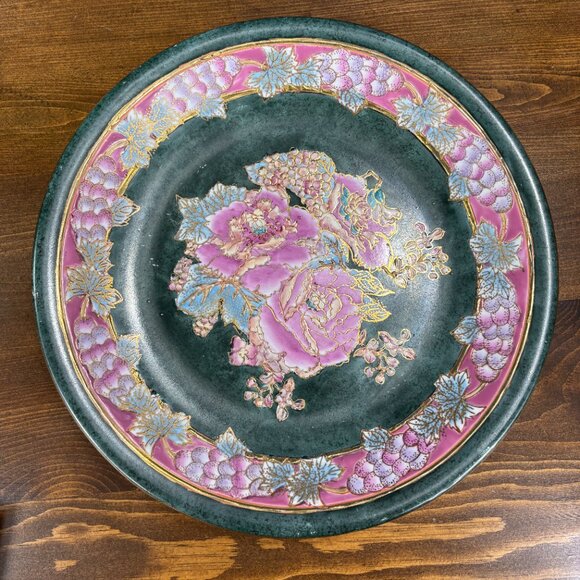 Vintage Famille Rose Style Plate Pink Peony & Grape Floral Charger for Wall - Picture 2 of 11